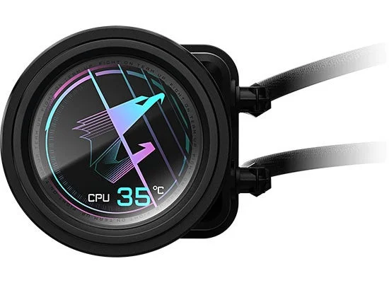 AORUS ELITE 360のポンプヘッド。LCDにCPU 35℃とロゴを表示