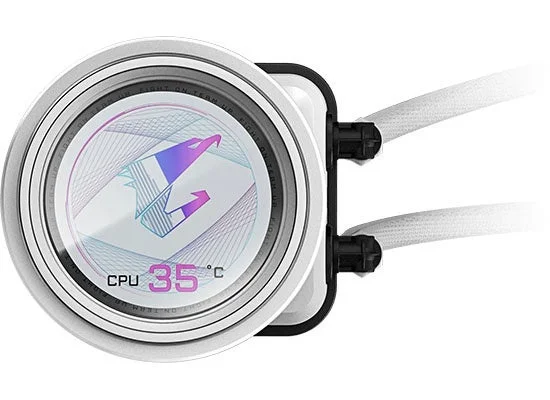 AORUS ELITE 360 ICEの白いLCD搭載ポンプヘッド、CPU 35℃表示