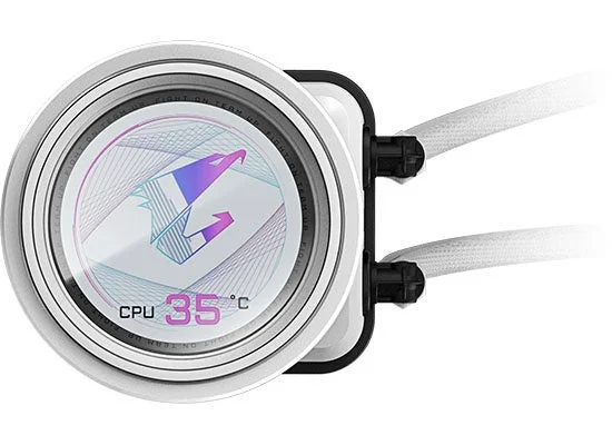 AORUS ELITE 240 ICE のホワイトのLCD付きポンプヘッド。CPU 35°Cを表示