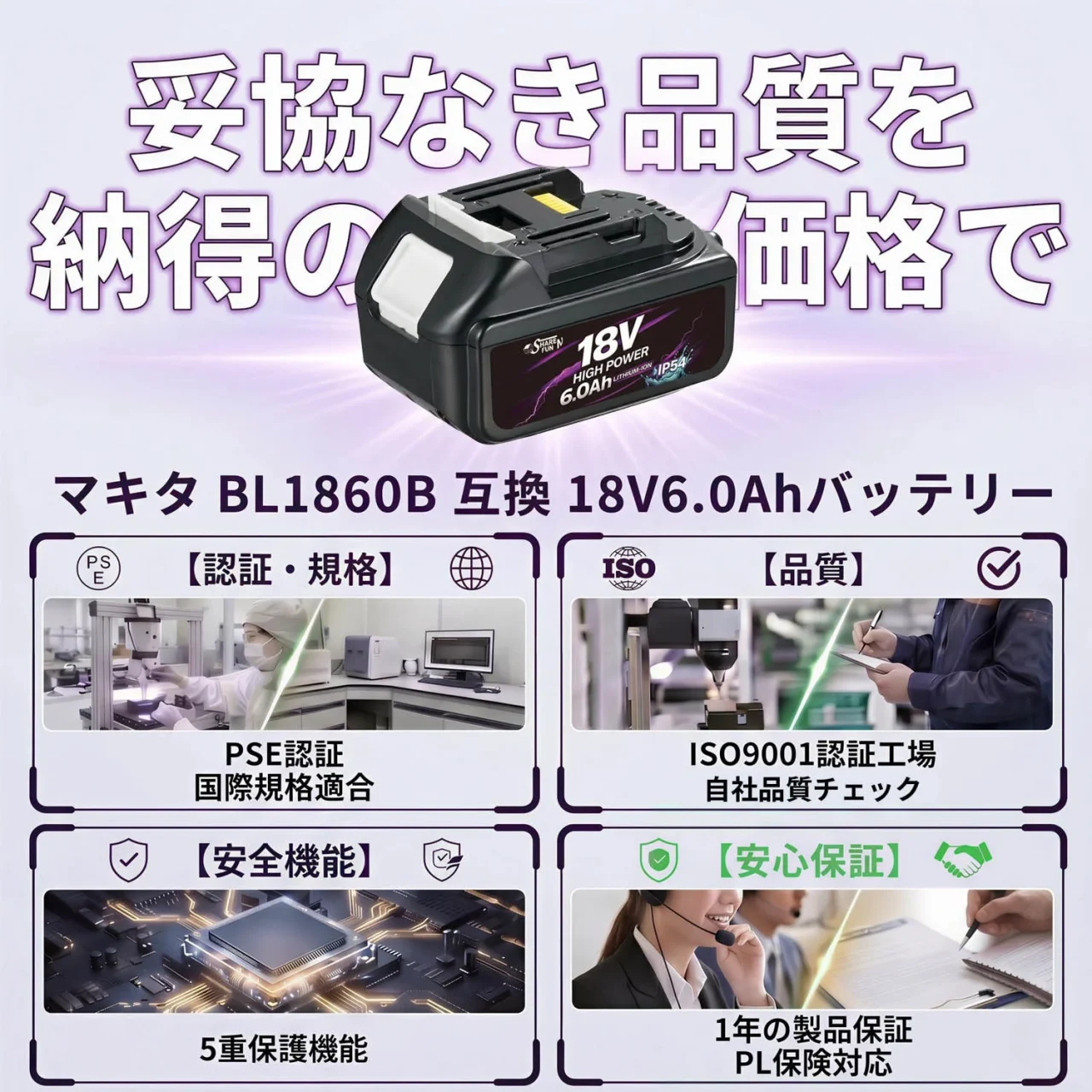 マキタ互換18V6.0Ahバッテリーと認証・品質・安全機能・保証の案内