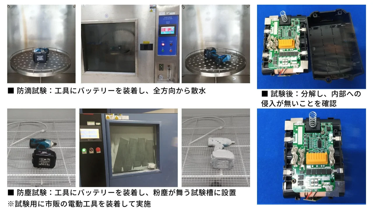 IP54適合確認の防滴試験・防塵試験の様子と分解したバッテリー基板