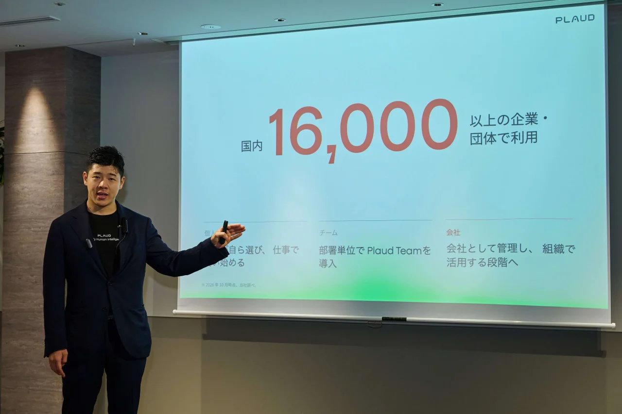 発表会で「国内16,000以上の企業・団体で利用」のスライドを示す登壇者
