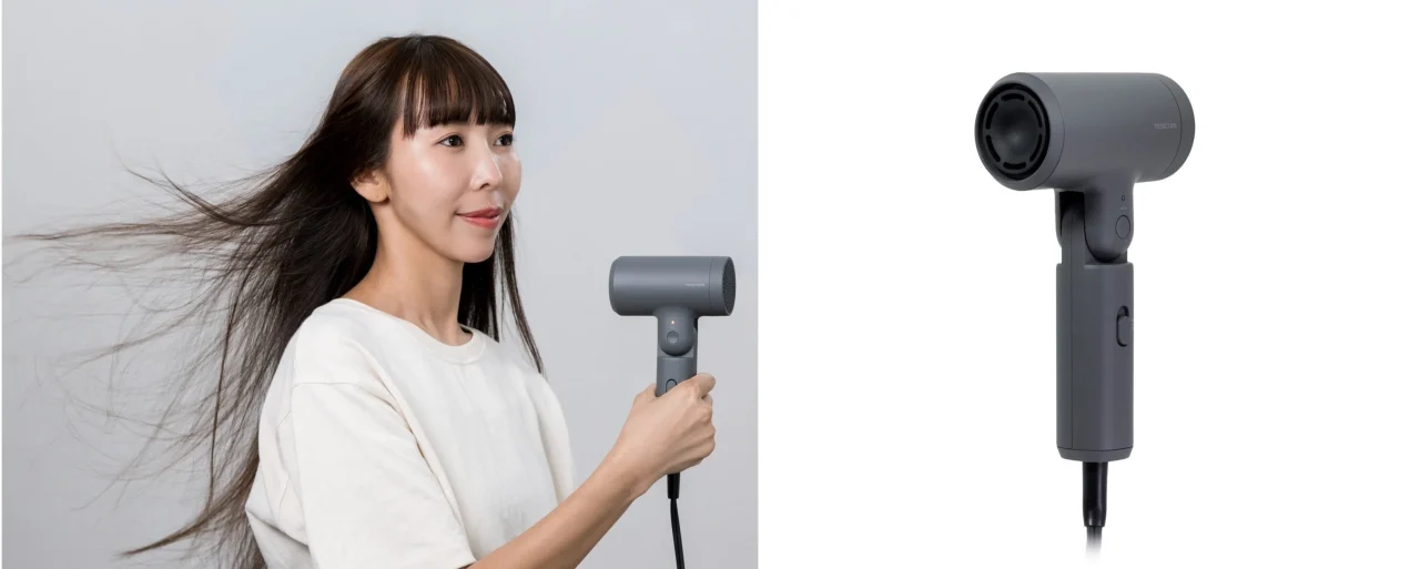 プロテクトイオン ヘアドライヤーを使う女性と、グレーの本体単体