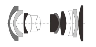 AF 14mm F4.0 AIR Lのレンズ構成図。9群12枚の光学系の断面