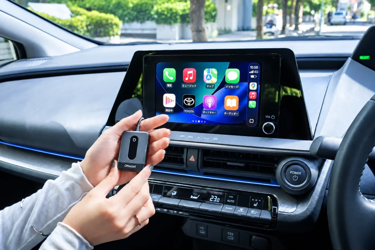 車内で両手に持つOttocast U2Air Neoと、CarPlay表示のナビ画面
