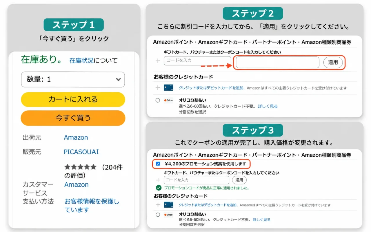 クーポンコードの適用手順を示すステップ1〜3のAmazon画面説明