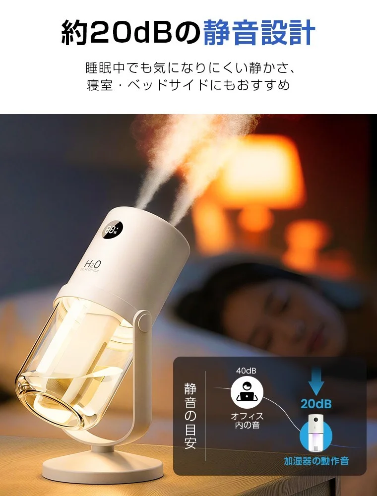 静音設計・暖色ライトの卓上加湿器。ダブルミストと20dB表示