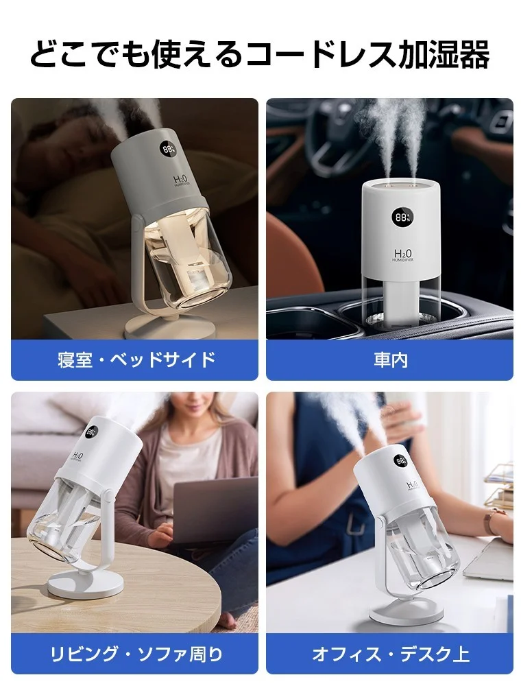 コードレス加湿器の寝室・車内・リビング・オフィスでの使用例