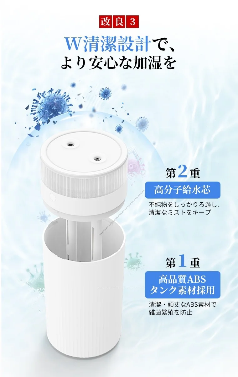 二重除菌機能を搭載した加湿器の2層構造図。高分子給水芯とABSタンク
