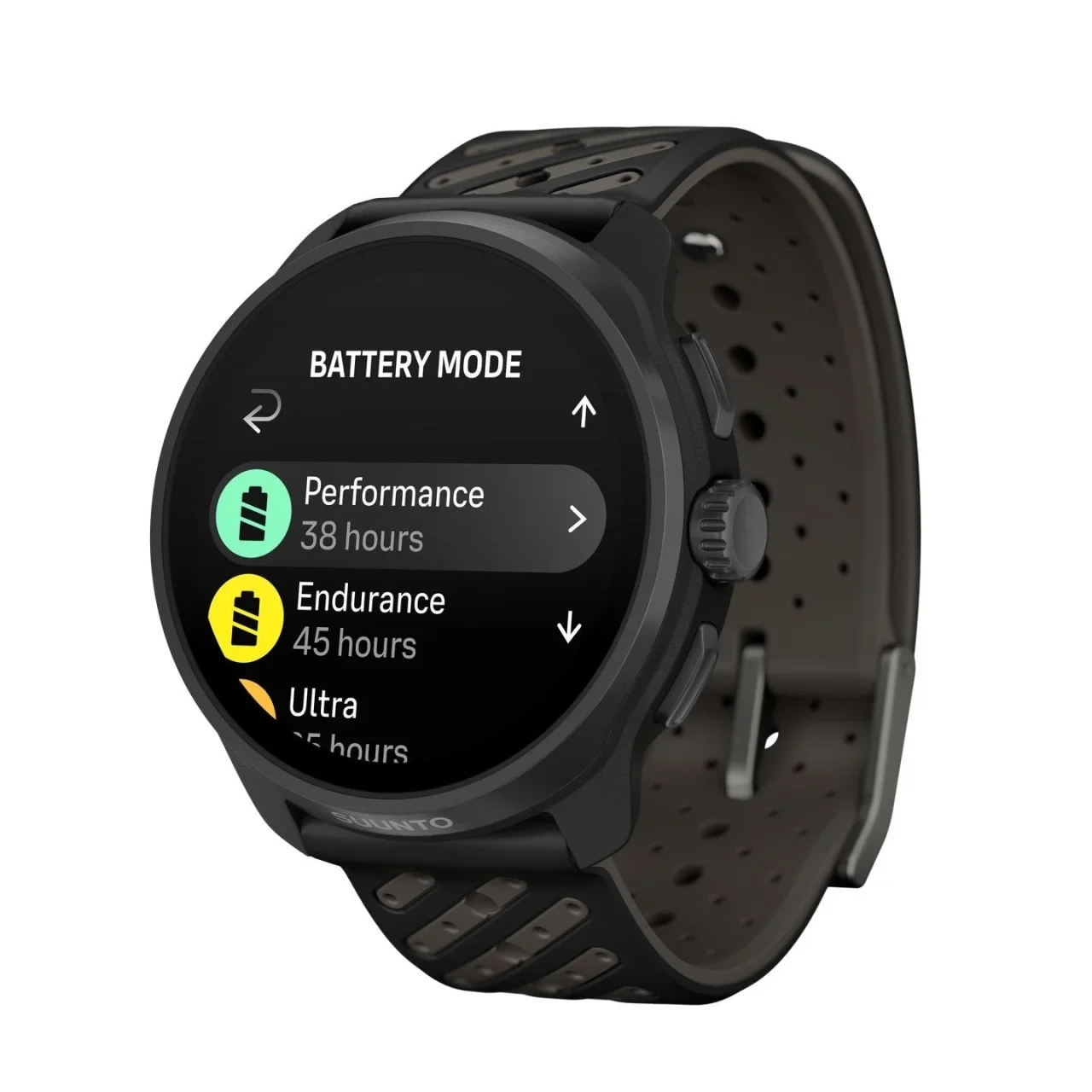 Suunto Race 3Sのバッテリーモード画面を表示した黒いスポーツウォッチ