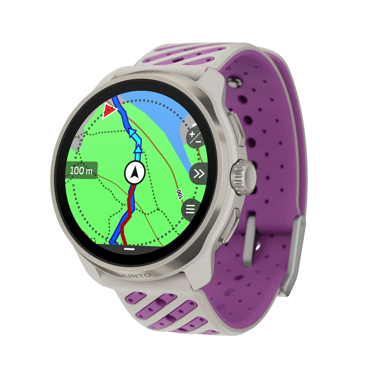 Suunto Race 3Sの画面に緑色のオフラインマップとルートを表示した紫バンドのGPSウォッチ