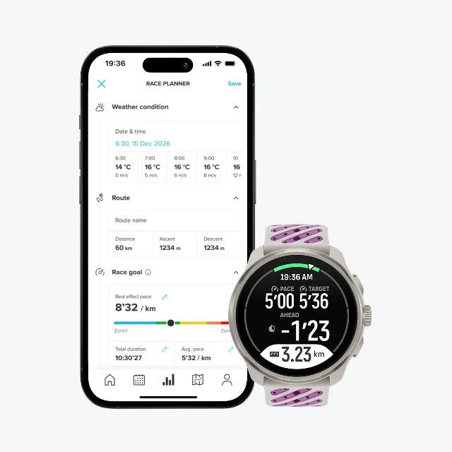 スマホのRace Planner画面と、ペース情報を表示したウォッチ