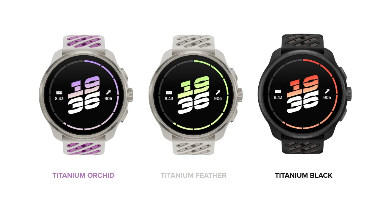 Suunto Race 3Sの3色。Titanium Orchid、Feather、Blackが並ぶ