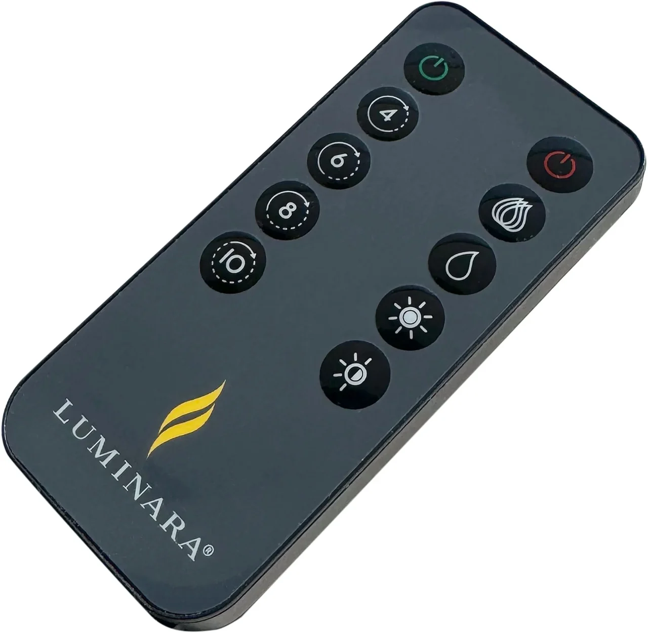 LUMINARAロゴ入りの黒いリモコン。タイマーや調光のボタン付き