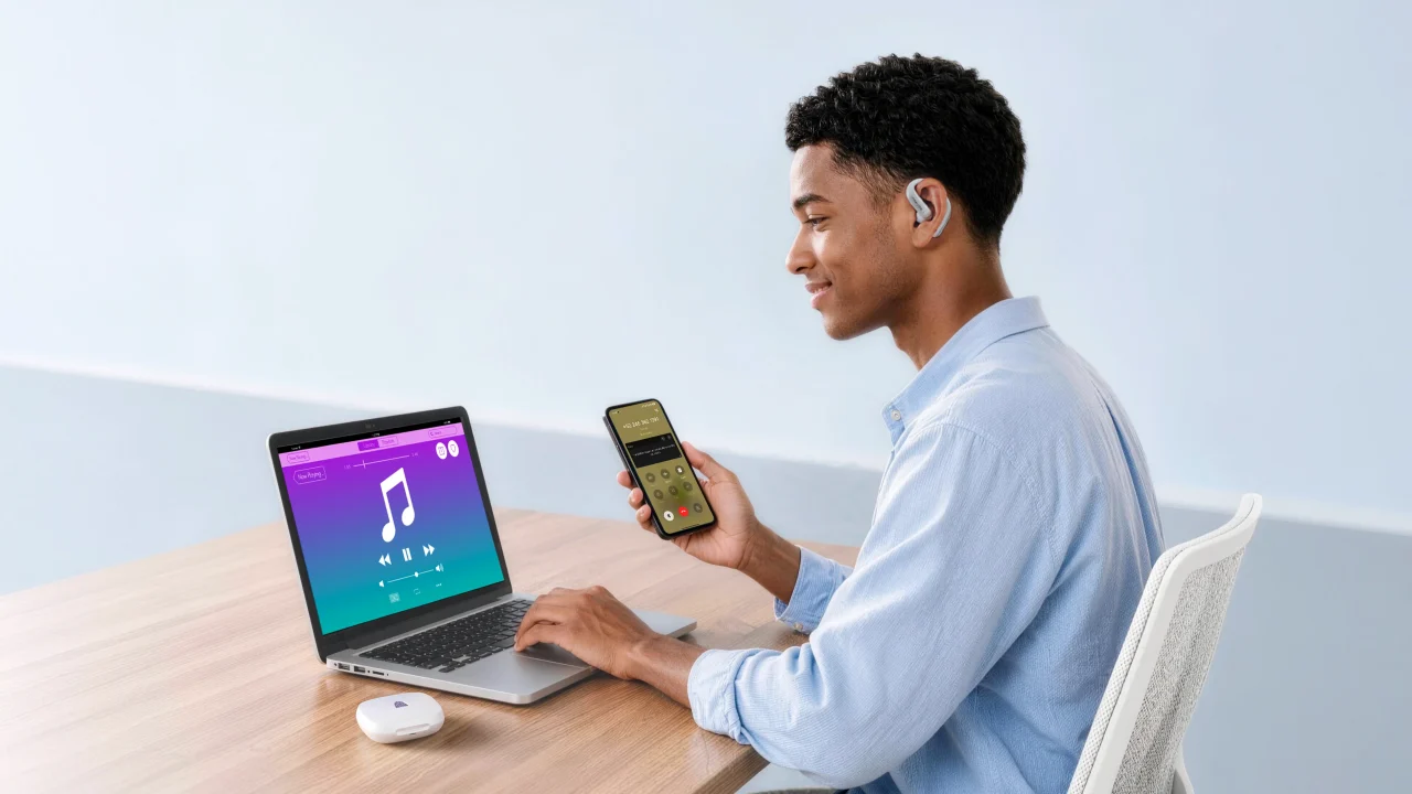 音声・動画翻訳の利用例。耳にイヤホンを着けスマホとノートPCを使う男性