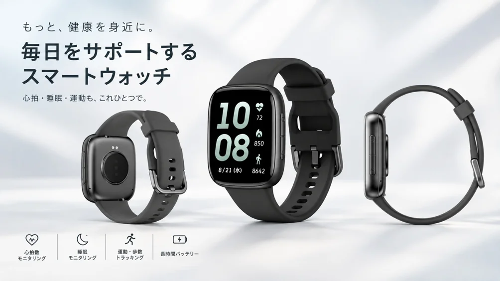 スマートウォッチ01 for OwnFitの黒い本体を背面・正面・側面から見た図