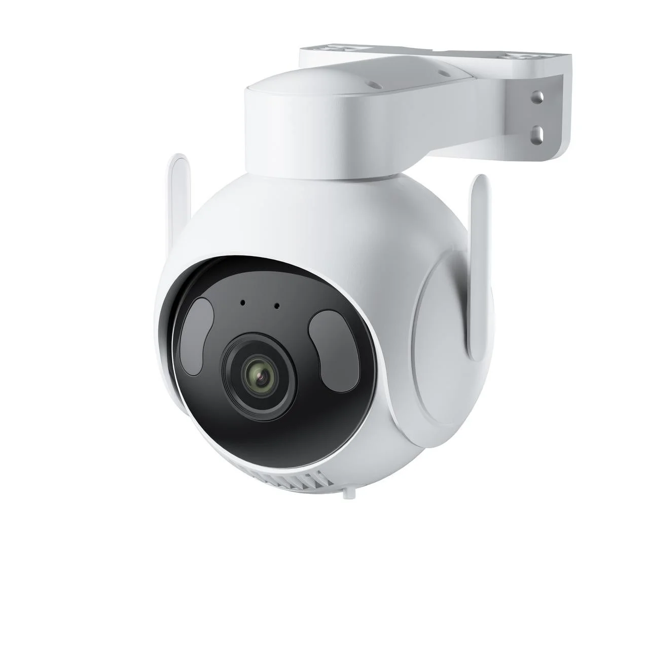 屋外パンチルトカメラ5MP。白い球形本体に壁取付ブラケットとアンテナ付き
