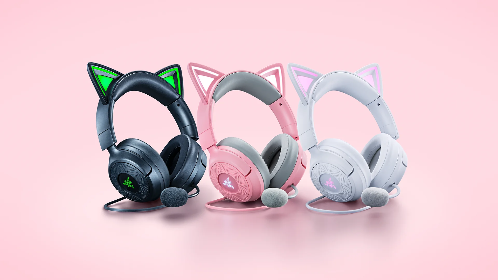 Razer Kraken Kitty V3のブラック、ピンク、ホワイトの3色ネコミミヘッドセット