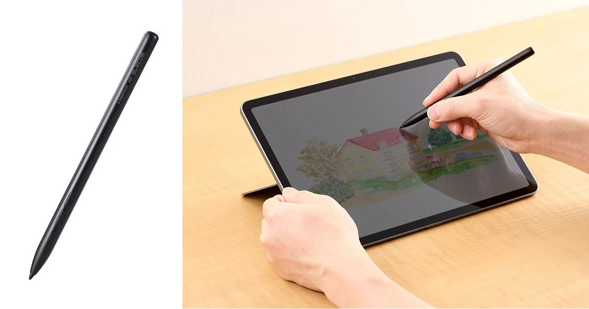 黒いアクティブタッチペンと、Surfaceでペンを使い絵を描く手元