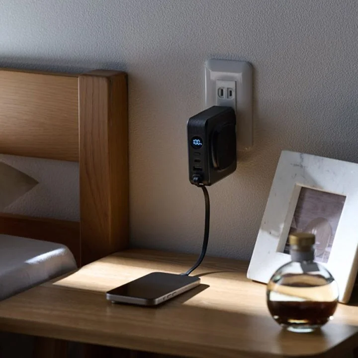 壁のコンセントに差した4in1モバイルバッテリーとケーブルでスマホを充電する様子