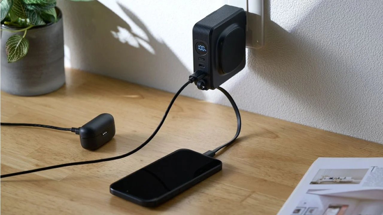コンセントに差したモバイルバッテリーでスマホとイヤホンを充電する様子