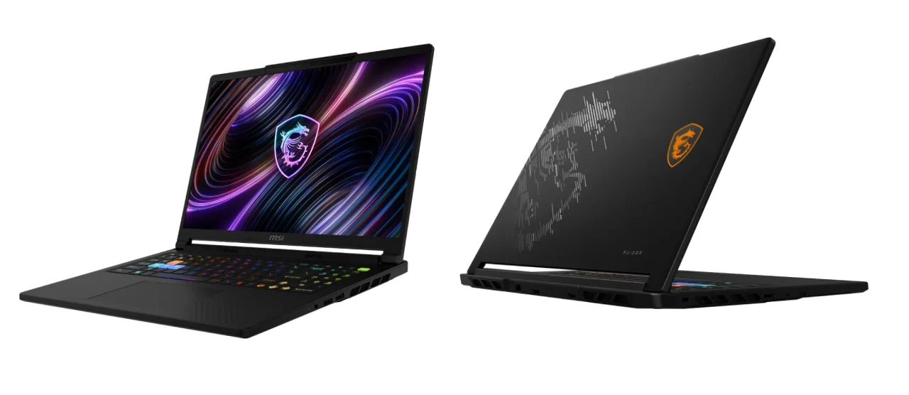 Raider 16 HX B2Wの正面と背面。黒いゲーミングノートPC