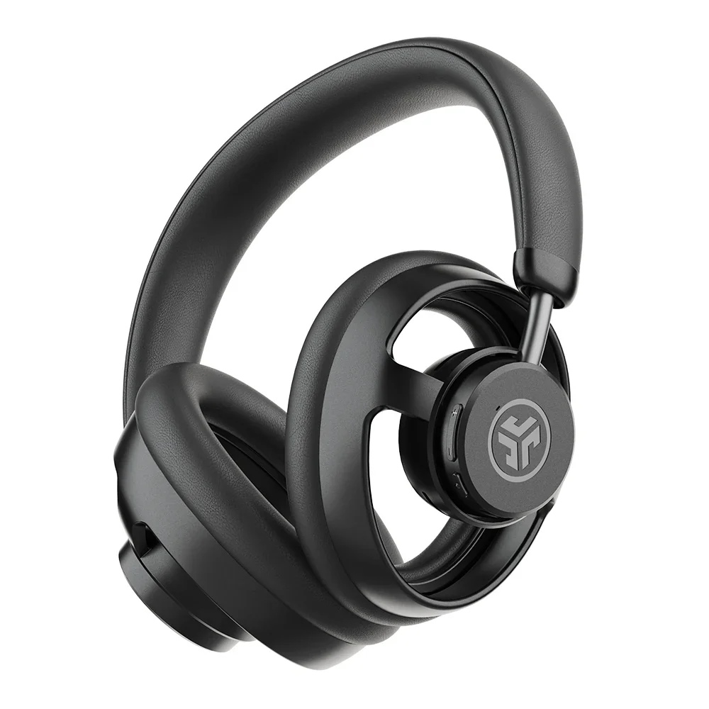 JBuds Open Wireless 黒のワイヤレスヘッドホン、側面にロゴ