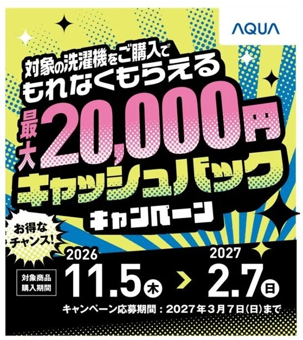 AQUA まっ直ぐドラム 最大20,000円キャッシュバックキャンペーンの告知