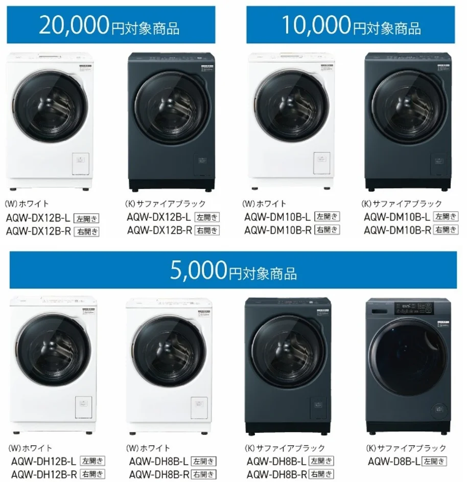 まっ直ぐドラムシリーズの対象商品一覧。ホワイトとサファイアブラックのドラム式洗濯乾燥機