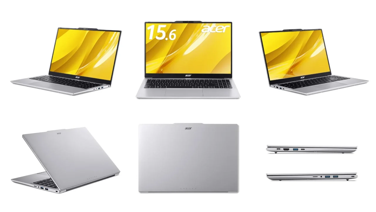 Aspire Lite 15の正面・斜め・背面・側面を並べた銀色のノートPC