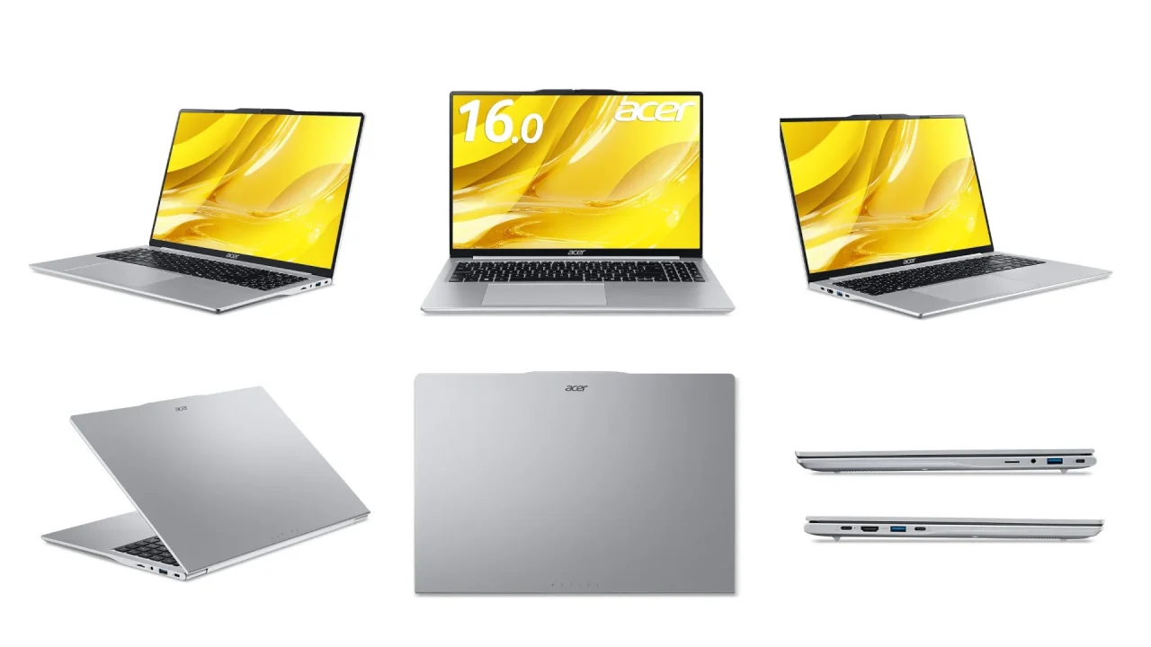 Aspire Lite 16の各角度と背面・側面ポートを示すシルバーのノートPC