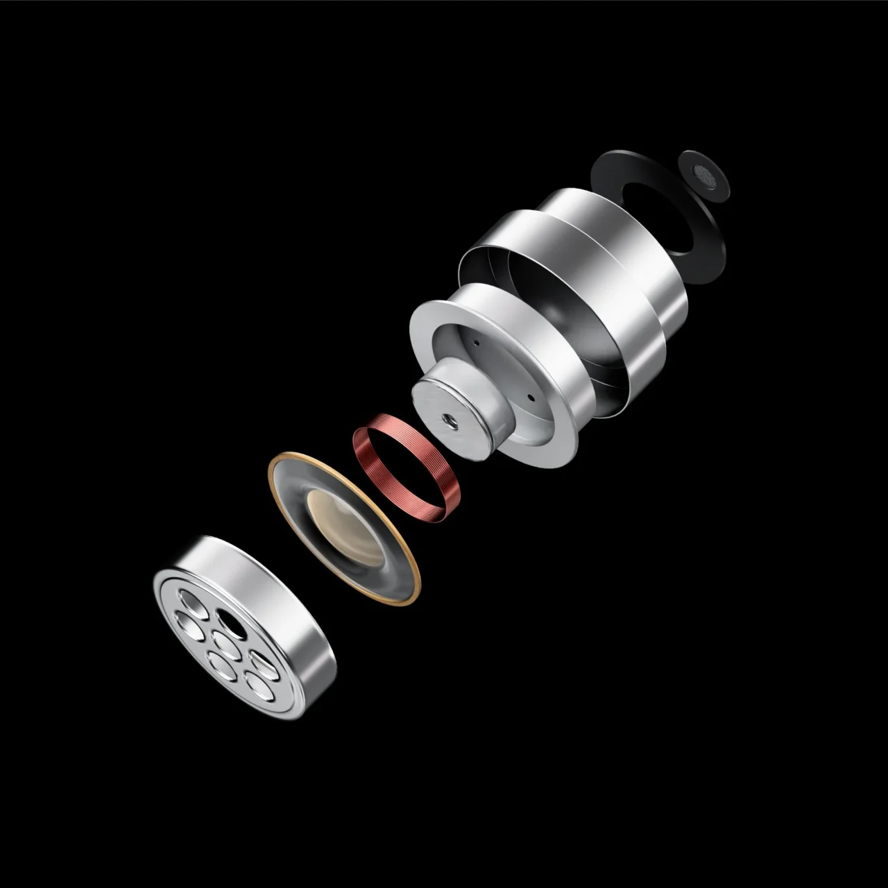 7.8mm DLCドームツイーターの分解図。金属筐体、振動板、赤銅色のリング