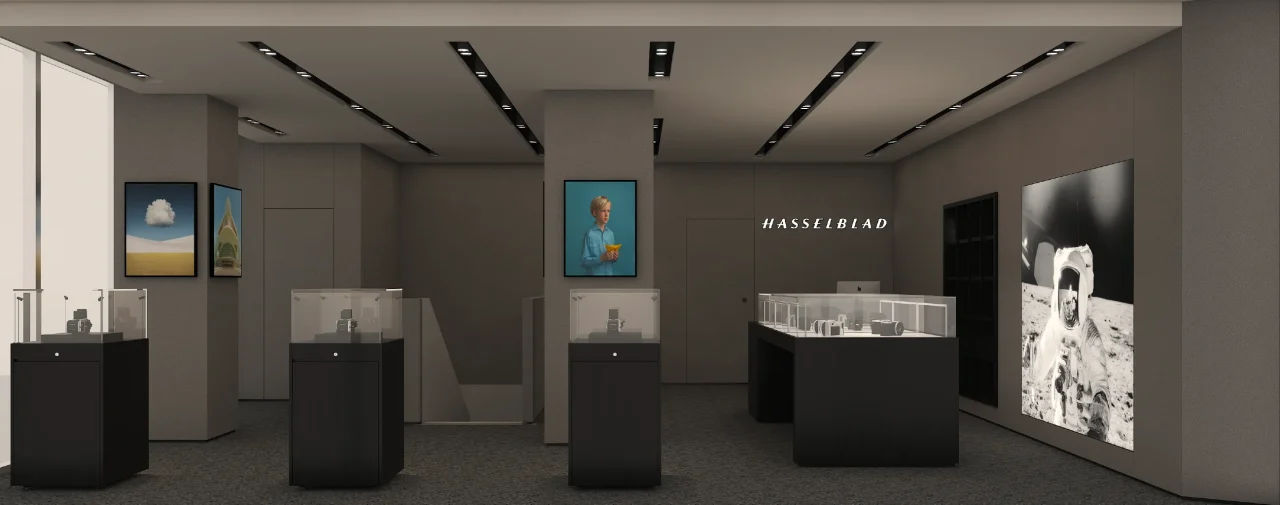 HASSELBLAD店内のCG予想図。ガラスケースの展示台と壁面の作品