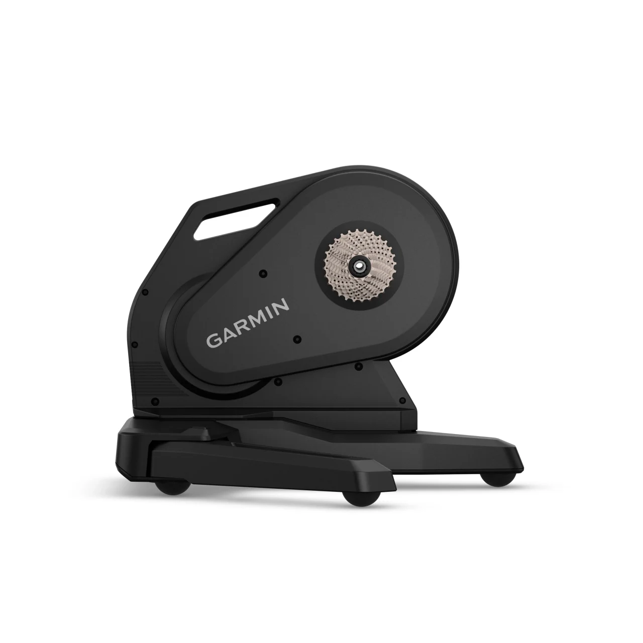Tacx Nera スマートトレーナーの黒い本体。カセットとGARMINロゴ付き