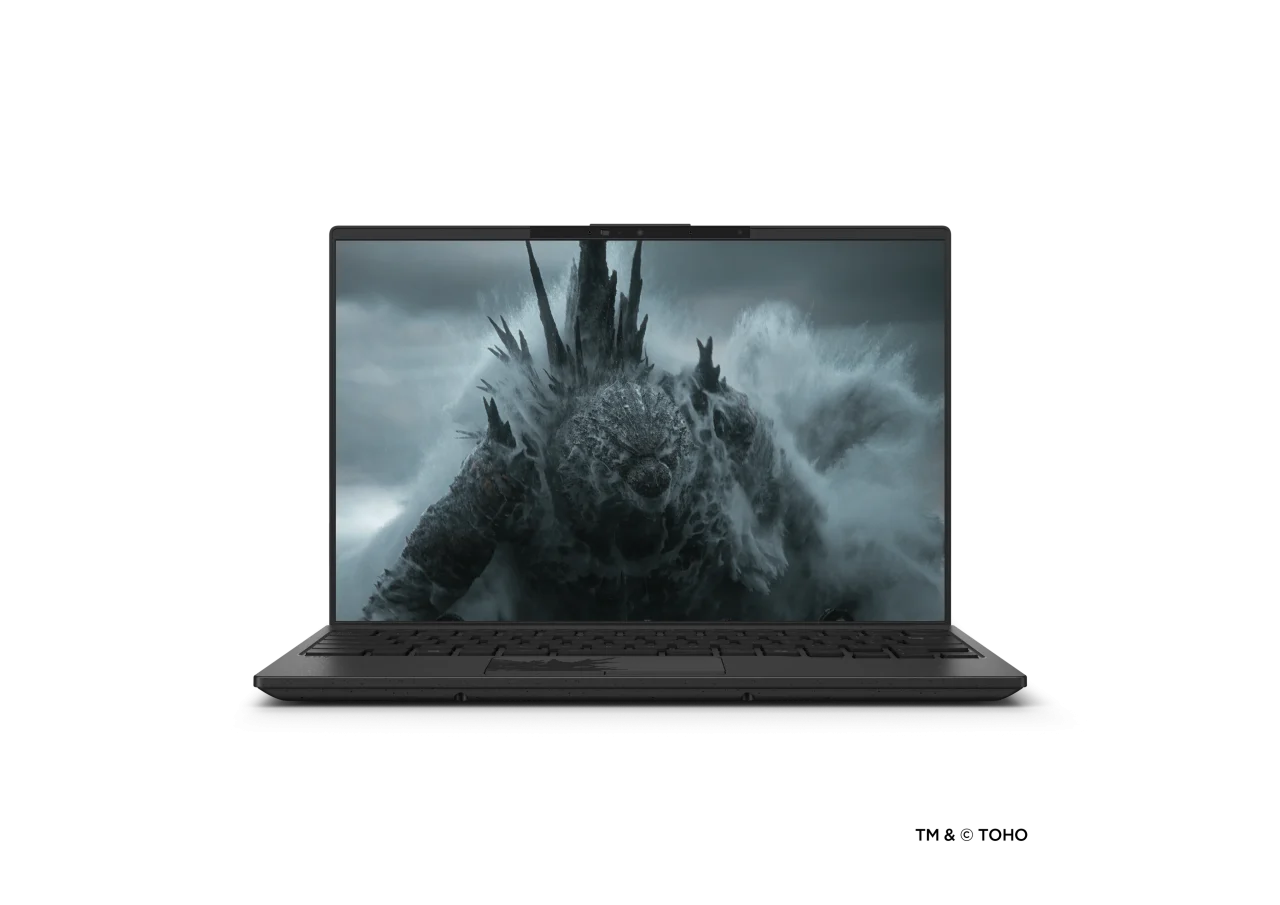 FMV Zero GODZILLA EDITIONの正面。画面にゴジラが表示された黒いノートPC