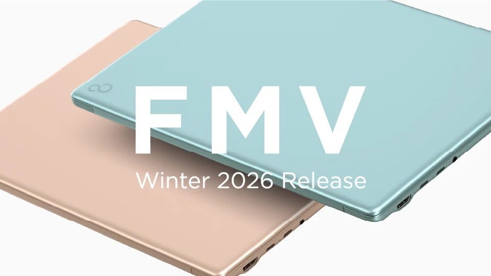 FMV 2026年冬モデルの告知ビジュアル。ミントとピンクゴールドのノートPC