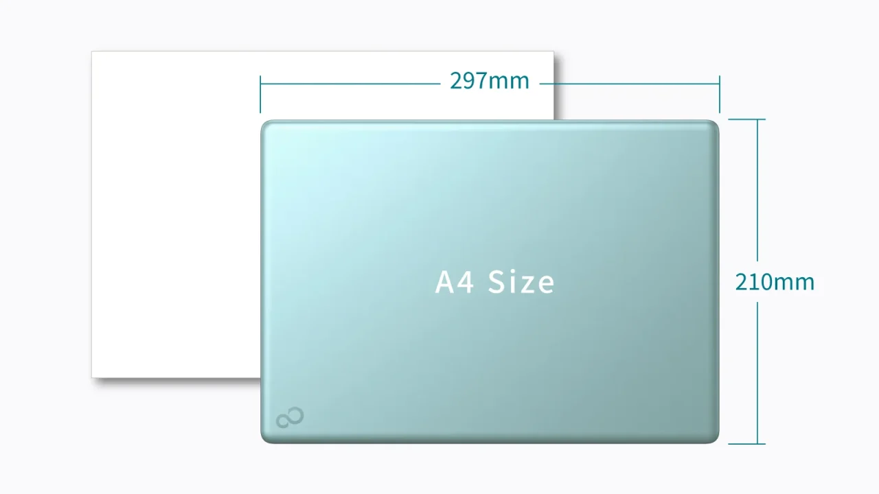 FMV Note CとA4用紙の大きさ比較図。本体は297mm×210mmで青緑色