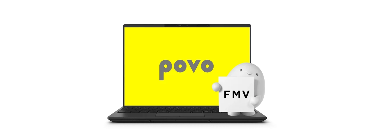 黄色いpovo画面を表示したFMV Note Uと、FMVの札を持つキャラクター