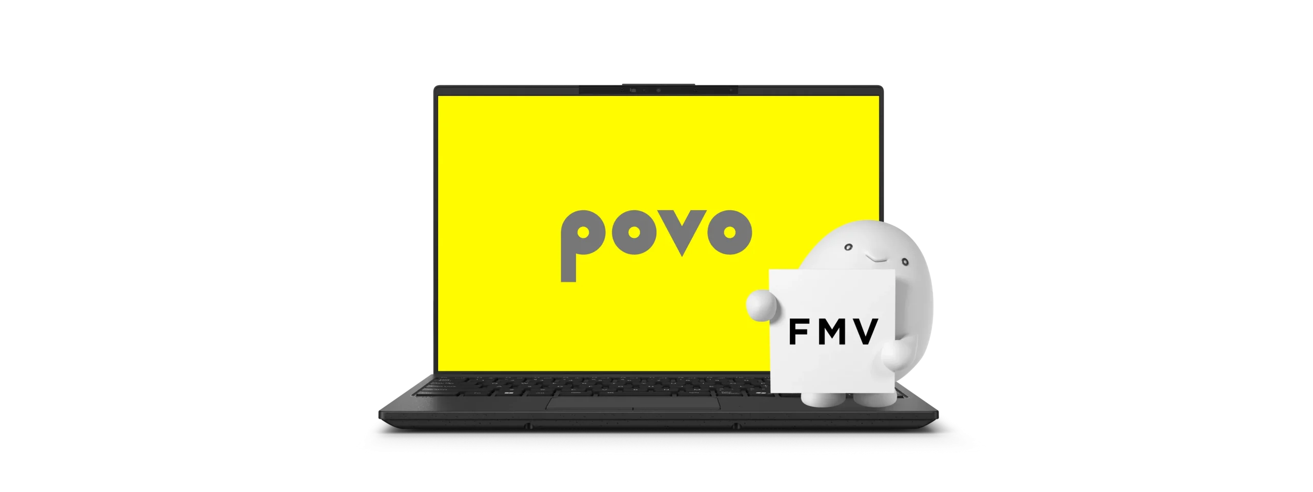 黄色いpovo画面を表示したFMV Note Uと、FMVの札を持つキャラクター