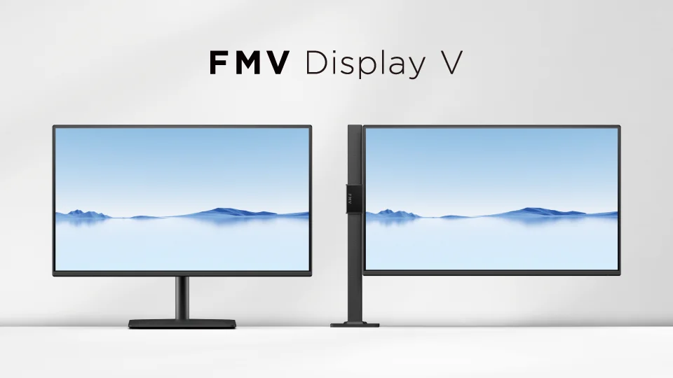 FMV Display V のスタンドスタイルとフラッグスタイルの2台のディスプレイ