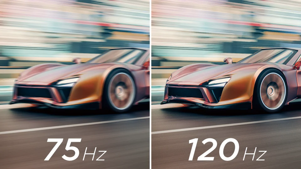 スタンドスタイルの120Hzと75Hzの滑らかさ比較。走る車の映像