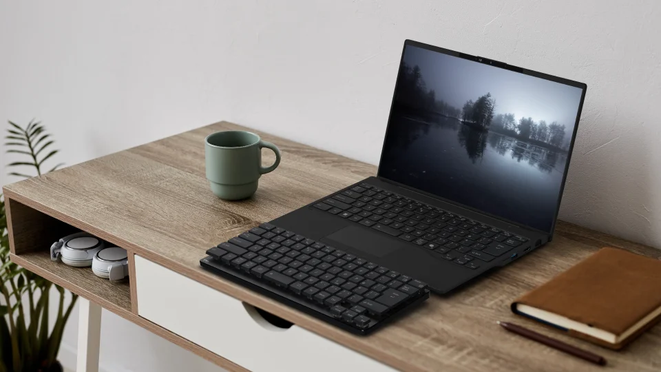 木製デスク上のFMV Keyboard Xとノートパソコン