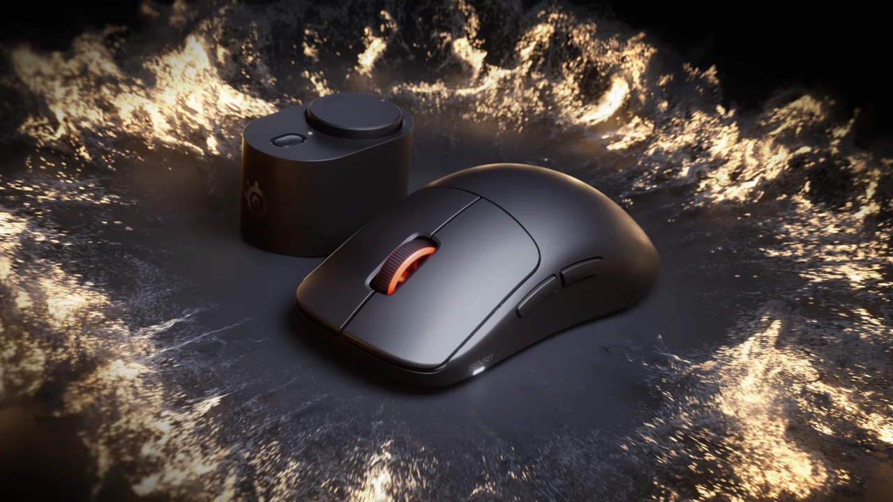 黒いワイヤレスゲーミングマウスと円筒形の黒い機器