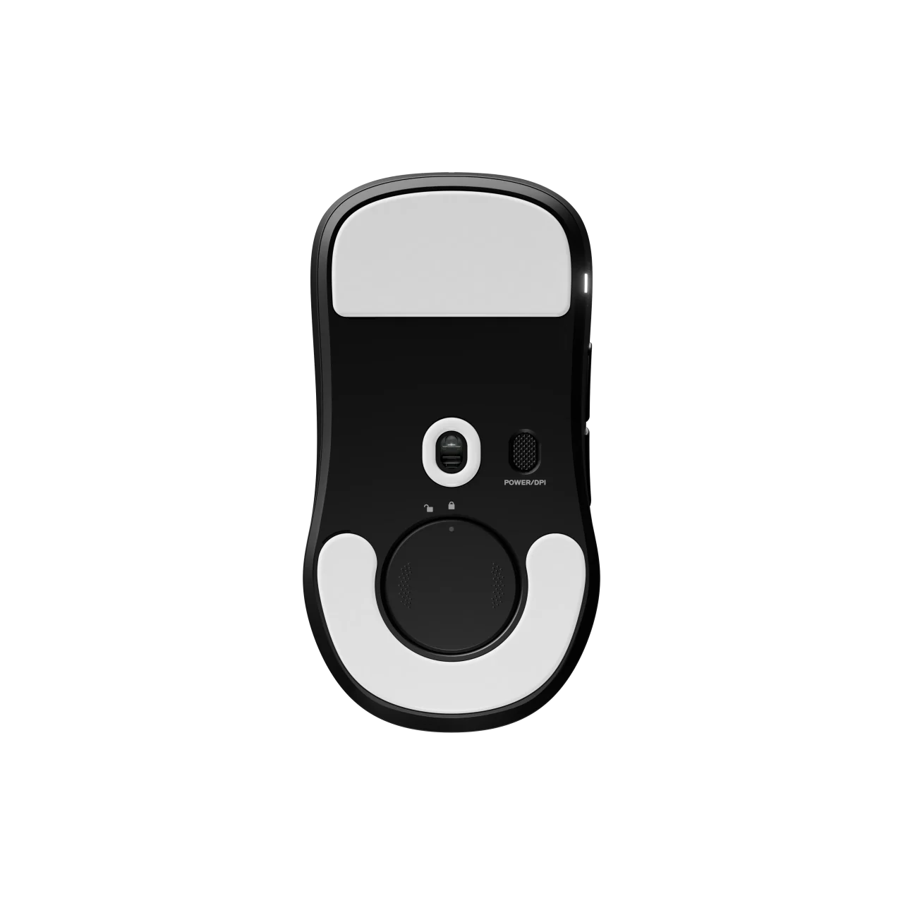 Sensei Pro Black のマウス底面。白いソールとセンサー、POWER/DPIスイッチ