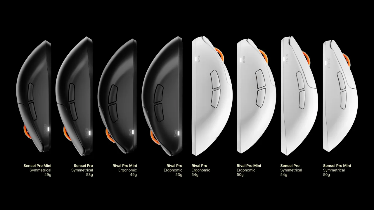 Sensei ProとRival Proのブラック・ホワイト各モデルを並べた側面