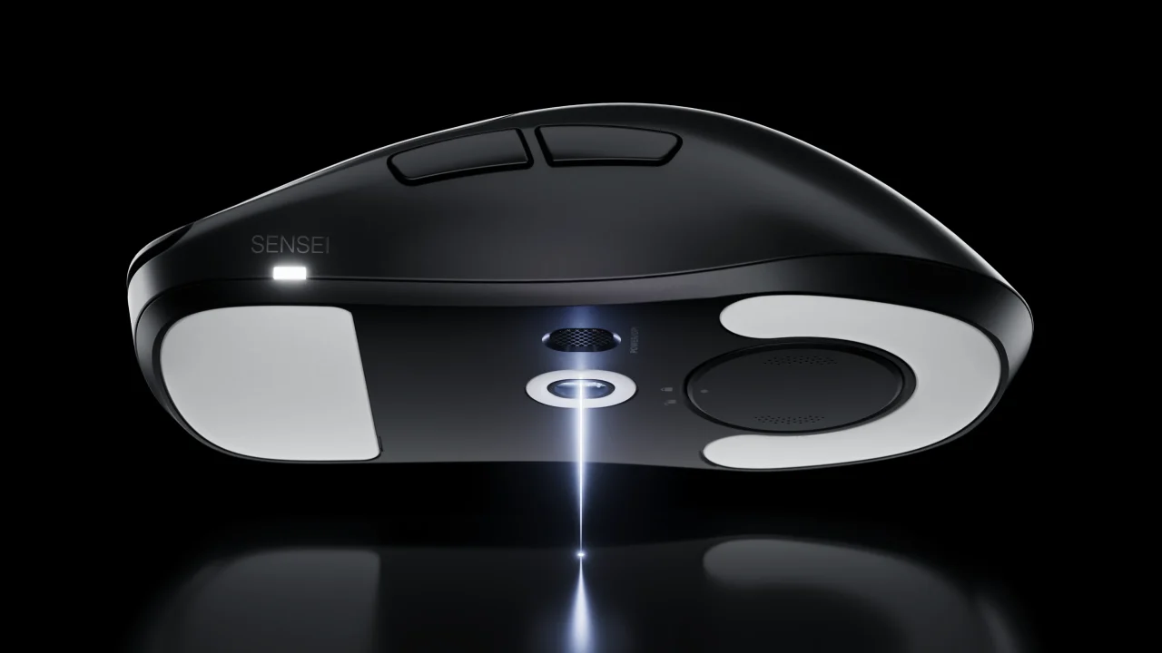 TrueMove 42K Pro搭載のSensei Pro底面。センサー部が光る黒いマウス