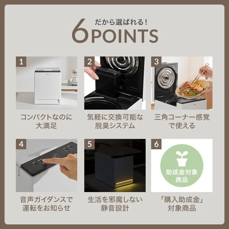 エコペダルスリムの6つの特長を紹介する図。脱臭システムや音声ガイダンスなど