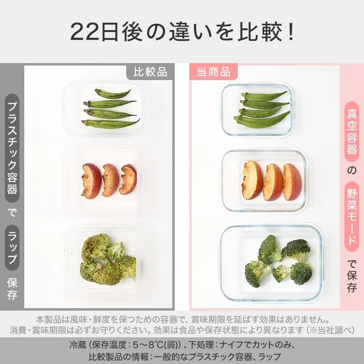真空ガラス容器の野菜モードとプラスチック容器の22日後の比較