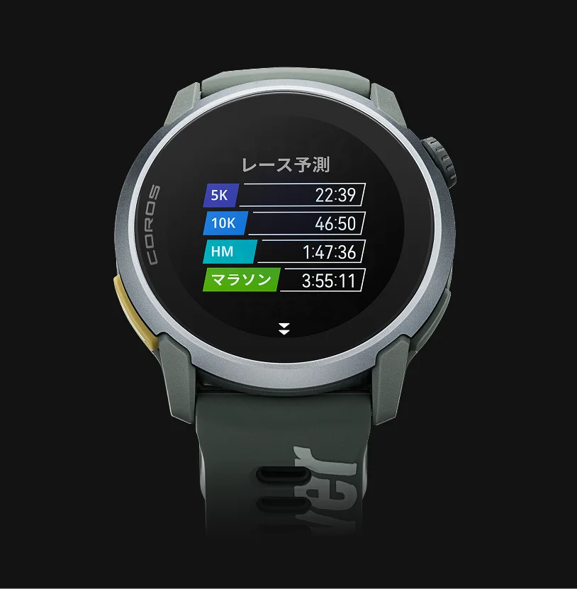 COROSウォッチのレース予測画面。5K、10K、HM、マラソンの予測タイム