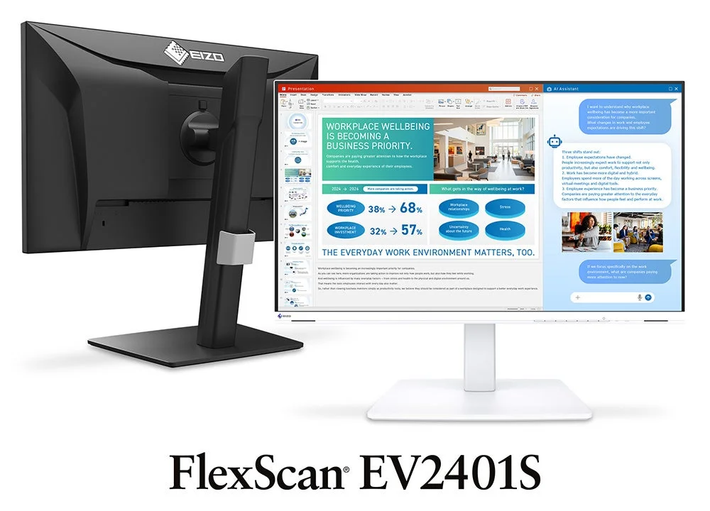 FlexScan EV2401S 23.8型モニターの黒い背面と白い前面の2台
